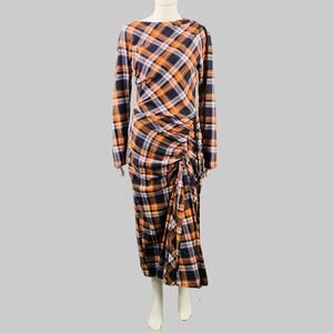 N°21 Size 4 Orange Black White Cotton Plaid Asymmetrical Ruched Maxi Dress